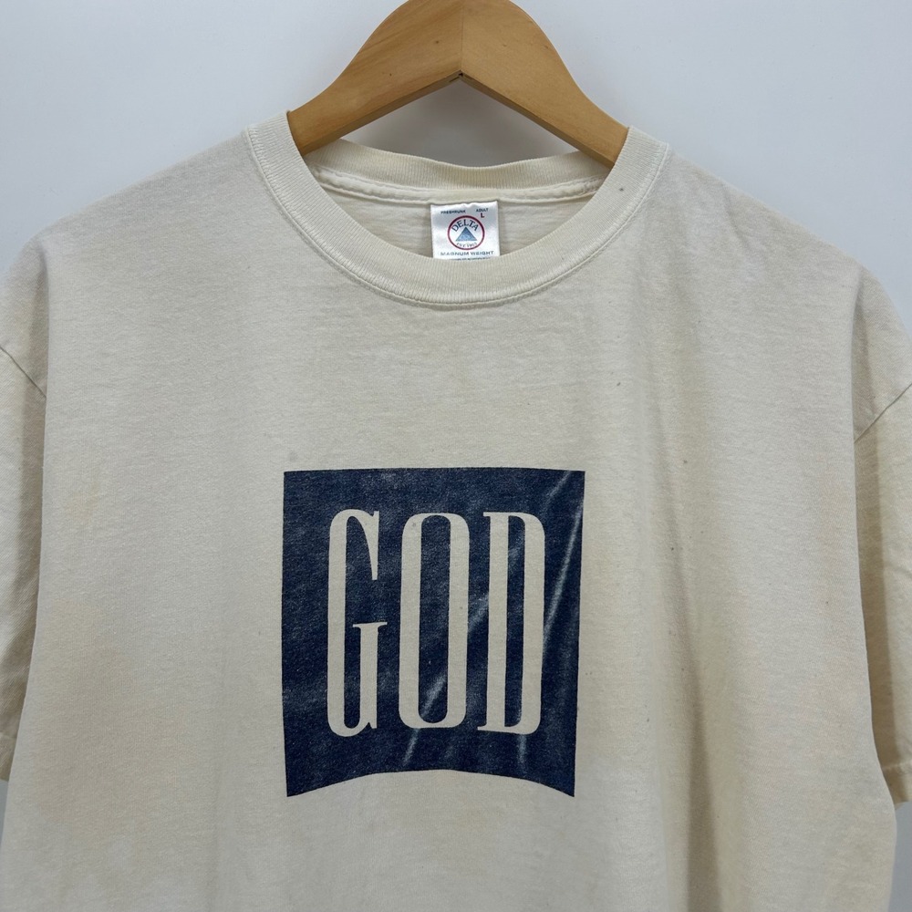 90s Vintage GOD Jesus tee gap parody Graphic T-Shirt Mens Cream Navy 90s Tee